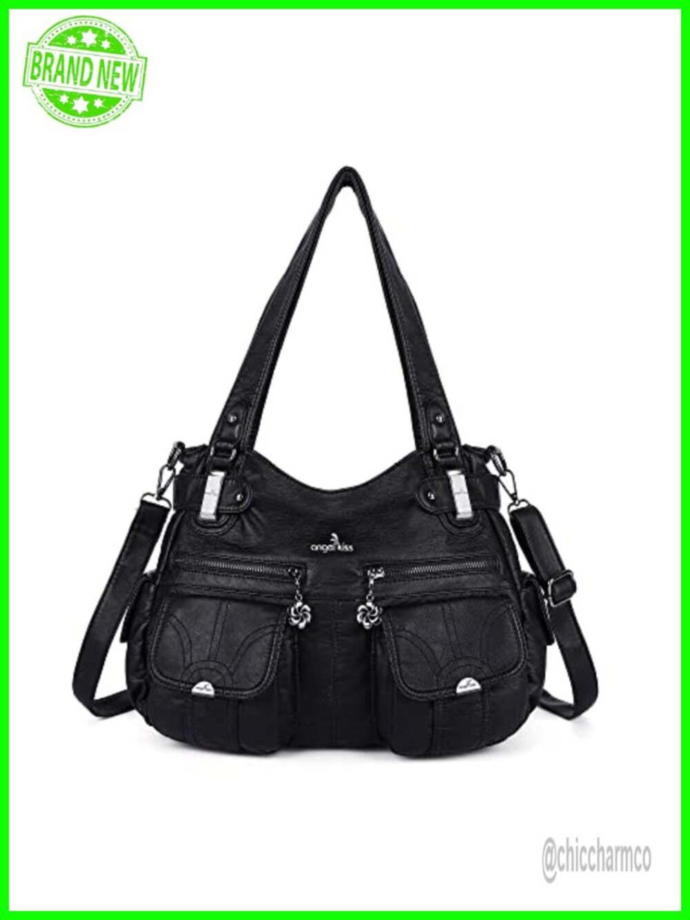 Washed Leather Satchel Handbag Double Zipper Multi Pocket Shoulder Purse